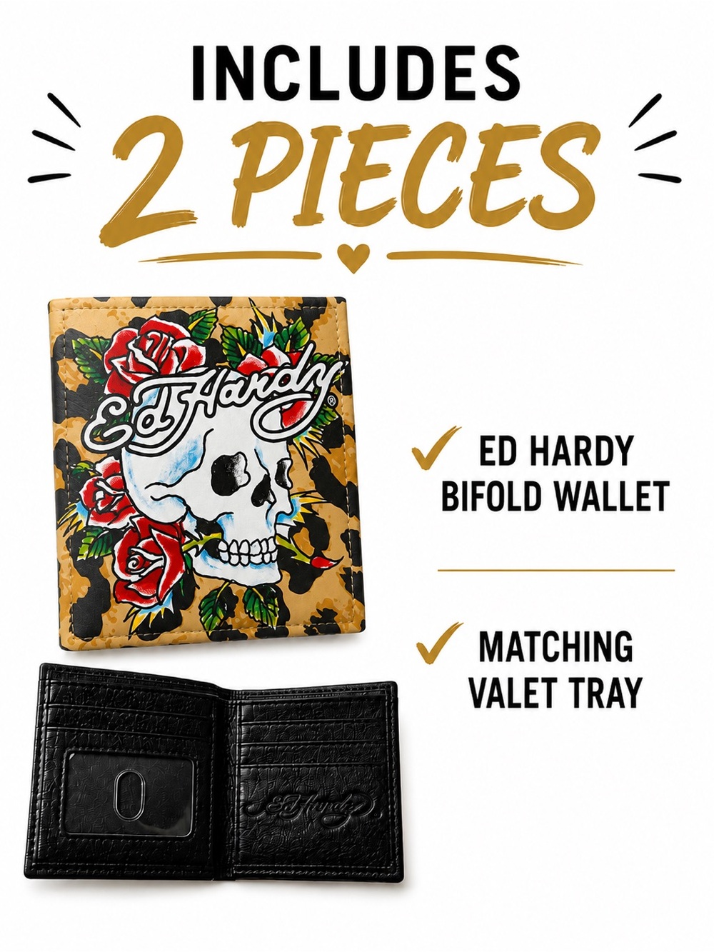 Ed Hardy Bifold Wallet & Skull Roses Leopard Print Valet Tray Gift Set NIB - Picture 4 of 4